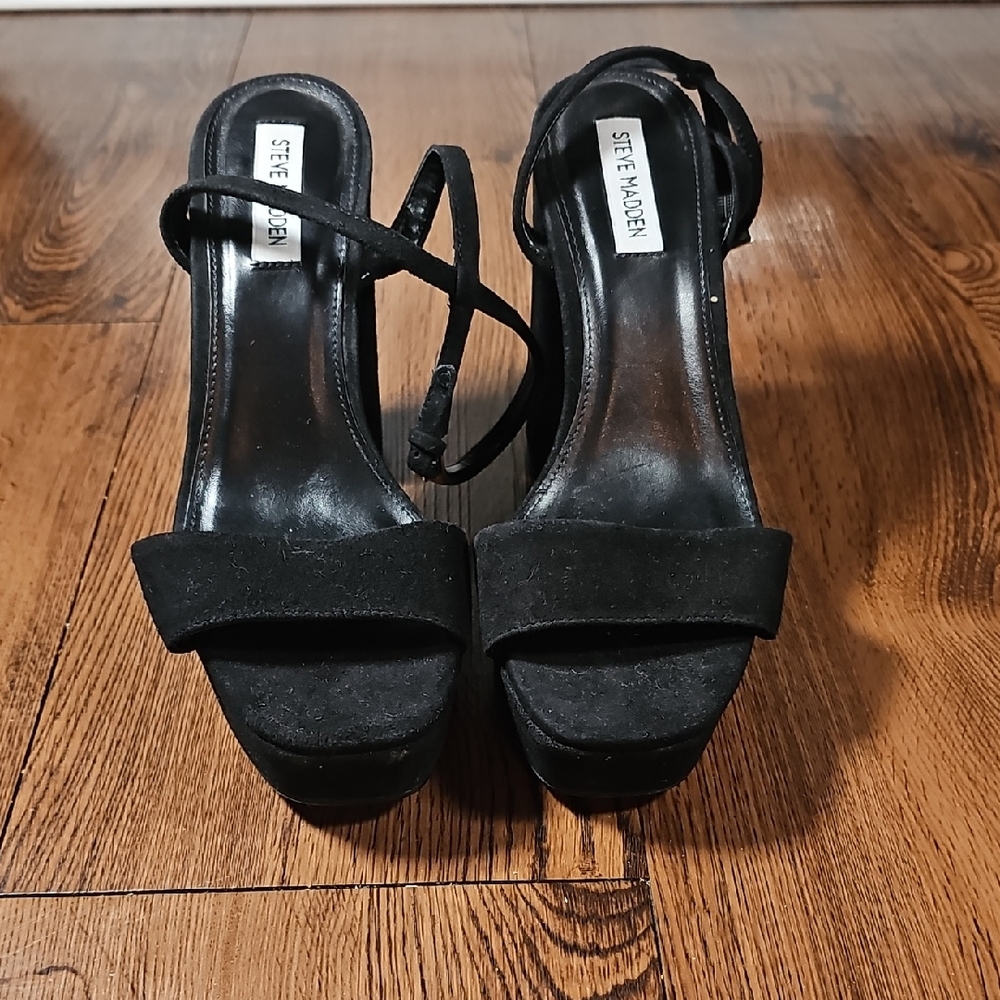 Steve Madden Black Suede Platform Heels Size 8.5 | Ankle Strap Block Heel Sandal